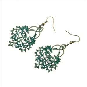 Boho bronze tone patina filagree dangle earrings
